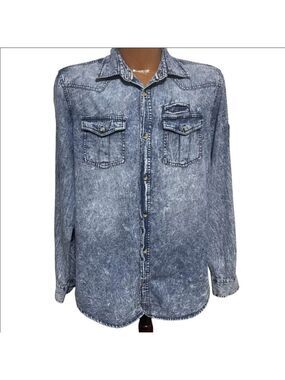Triple Five Soul Acid Wash Blue Denim Chambray Button Down Shirt Lightweight EUC